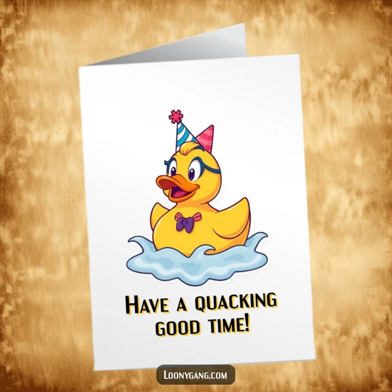 Funny Free Printable Birthday Card: A goofy rubber ducky wearing a party hat, joyfully bouncing on waves.