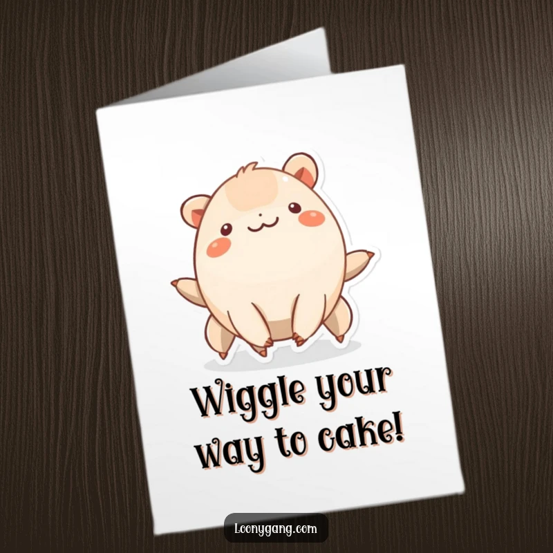 Funny Free Printable Birthday Card: A smiling creature with six short legs wiggles joyfully.