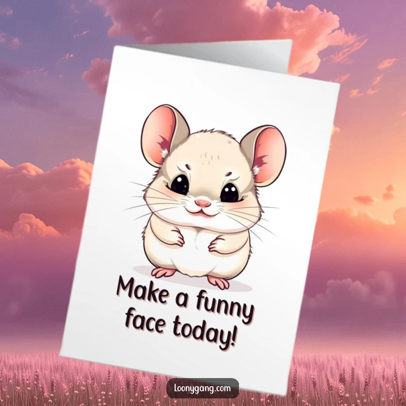 Funny Free Printable Chinchilla Birthday Card: Comical cub pulls a funny face, wishing happy birthday.