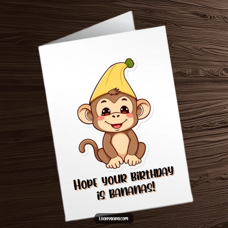 Funny free printable birthday card featuring a silly monkey wearing a bright yellow banana peel as a hat.