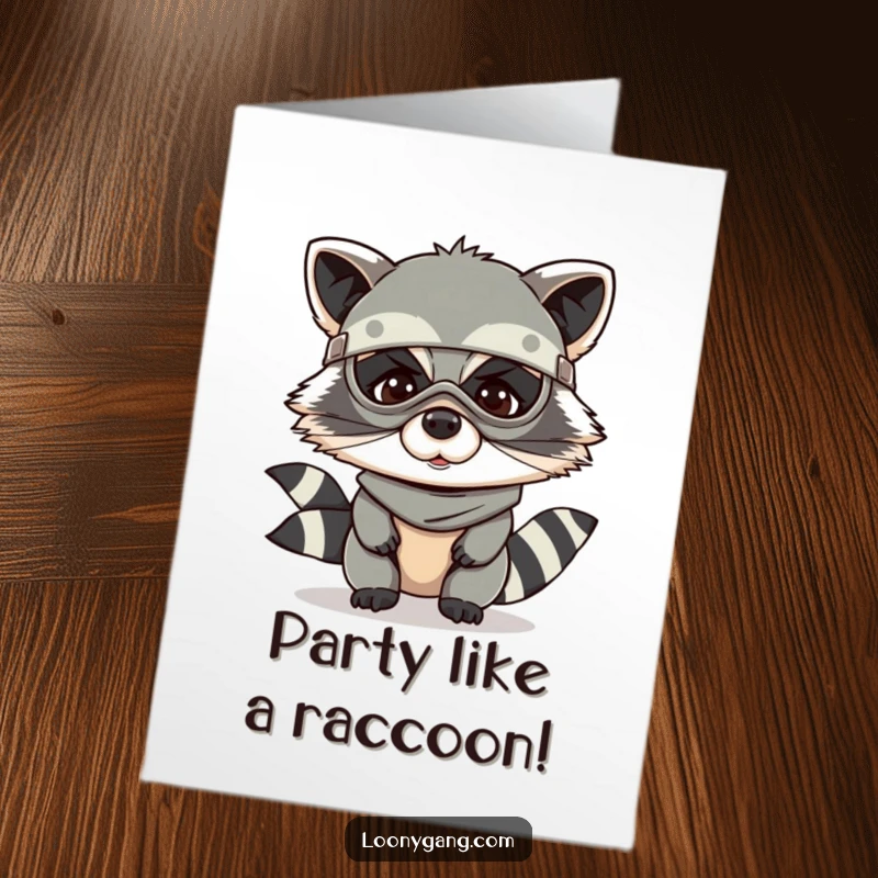 Funny Free Printable Birthday Card: A giggling raccoon wearing a bandit mask, plotting birthday fun with a mischievous glint in its eye.
