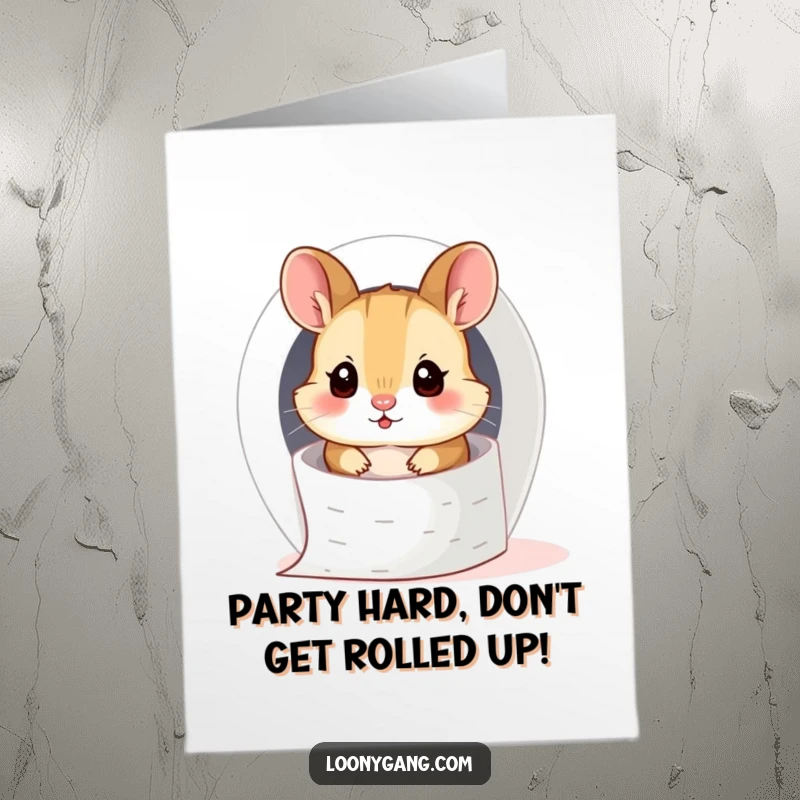 Funny Free Printable Birthday Card: Silly hamster cub with its head stuck in a toilet paper roll, looking bewildered. A funny downloadable gift.