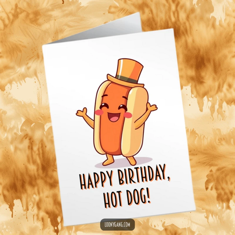 Funny Free Printable Birthday Card: a grinning hot dog wearing a tiny top hat, doing a lively jig.
