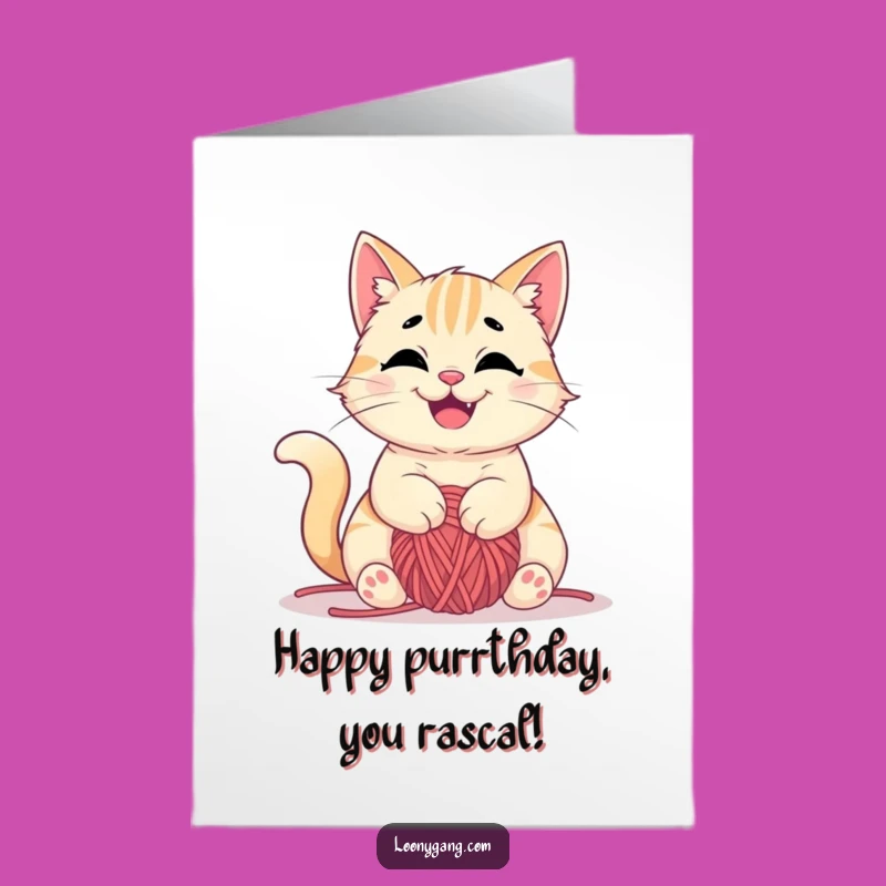 Free Printable Birthday Card: Happy Cat Yarn Tangle - Funny Downloadable Gift