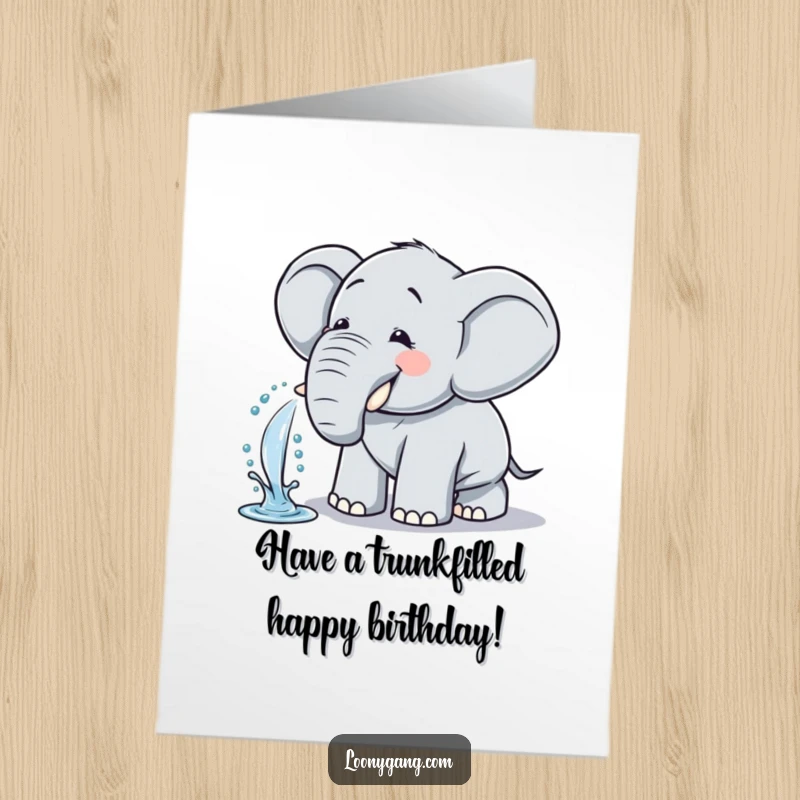 Funny free printable birthday card featuring a comical elephant spraying water from its trunk and giggling with glee.