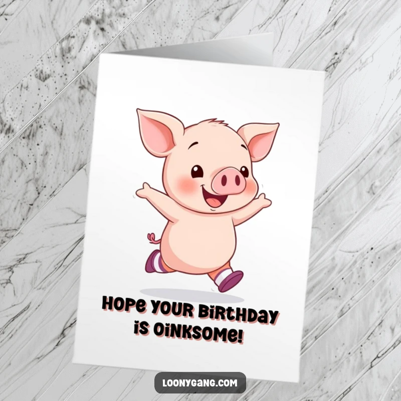 Funny Free Printable Happy Birthday card featuring a happy piglet in mismatched socks, skipping with pure delight.