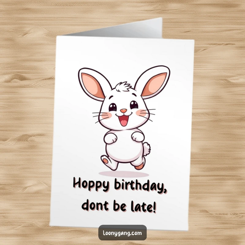 Funny Free Printable Birthday Card: A smiling bunny with huge ears doing a happy, excited hop.