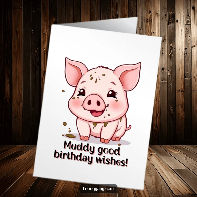 Funny Free Printable Birthday Card: A happy piglet covered head to toe in mud, splattering joyfully.