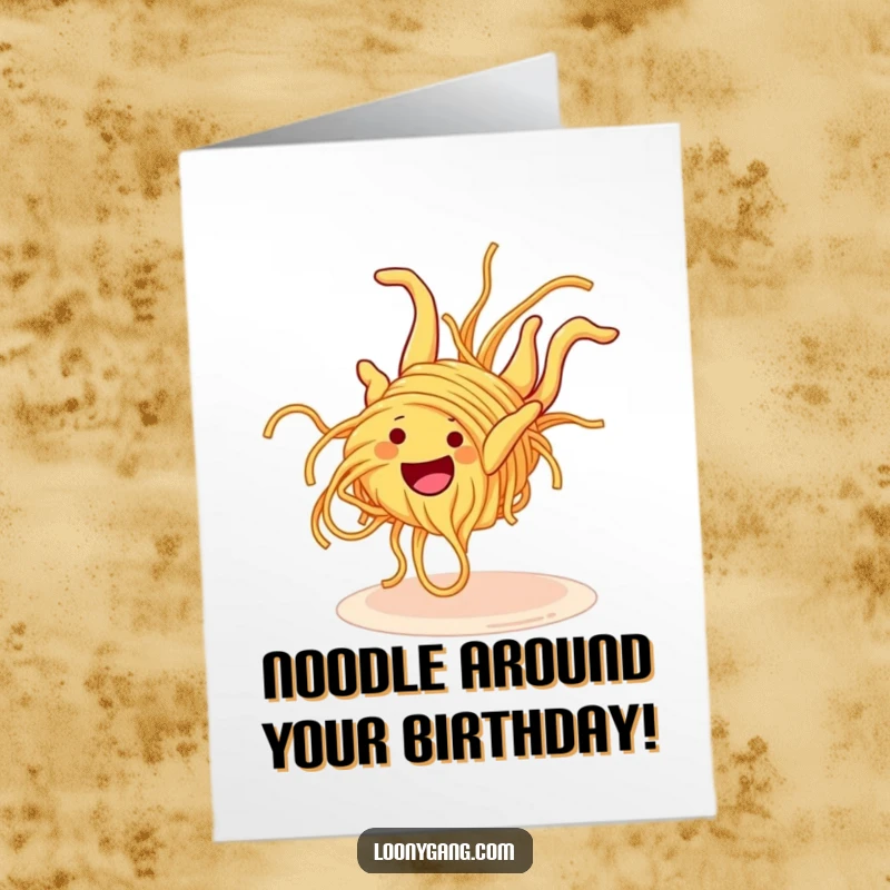 Funny Free Printable Birthday Card: A grinning spaghetti noodle character attempting a clumsy, wobbly somersault with a cheerful expression.