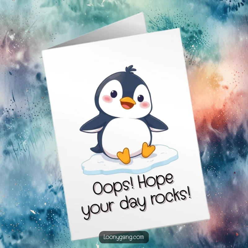 Funny Free Printable Birthday Card: Surprised penguin dramatically sliding on slippery ice, ready to deliver laughs.