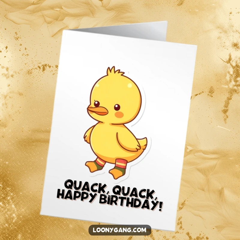 Funny Free Printable Birthday Card of a bright yellow duckling confidently wearing two completely mismatched socks.