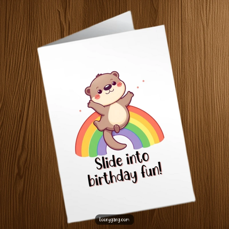 Funny Free Printable Birthday Card: A playful otter character gleefully sliding down a vibrant rainbow, radiating birthday happiness and fun.