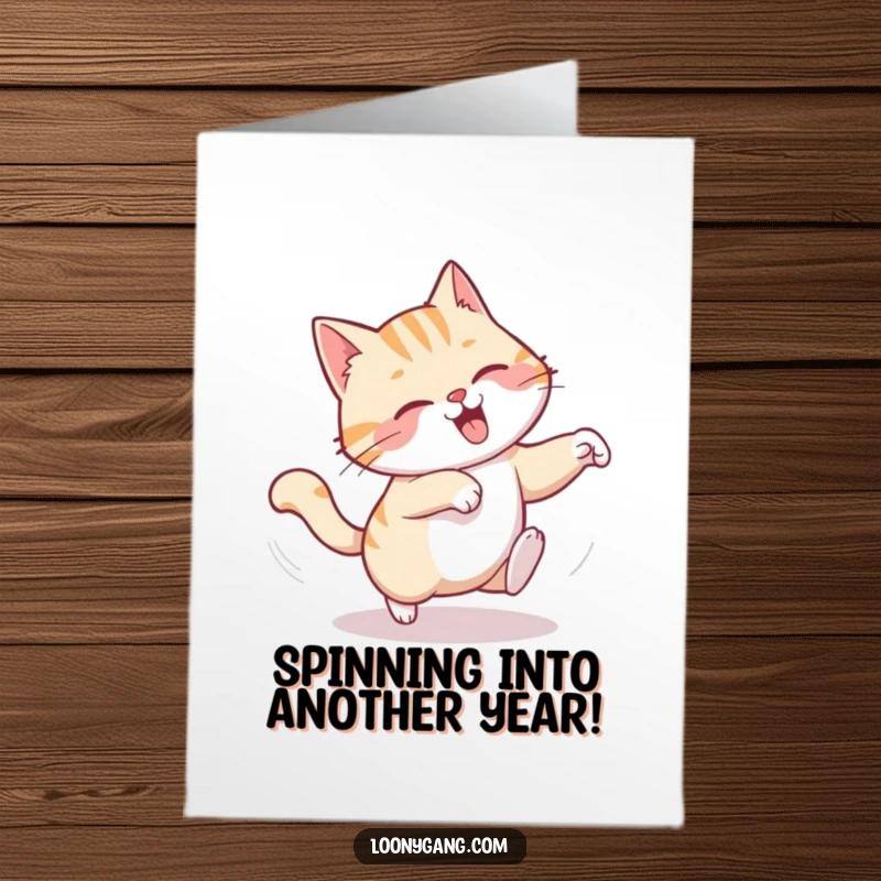 Funny Free Printable Birthday Card: A chuckling cat comically spinning in a dizzying chase after its tail.