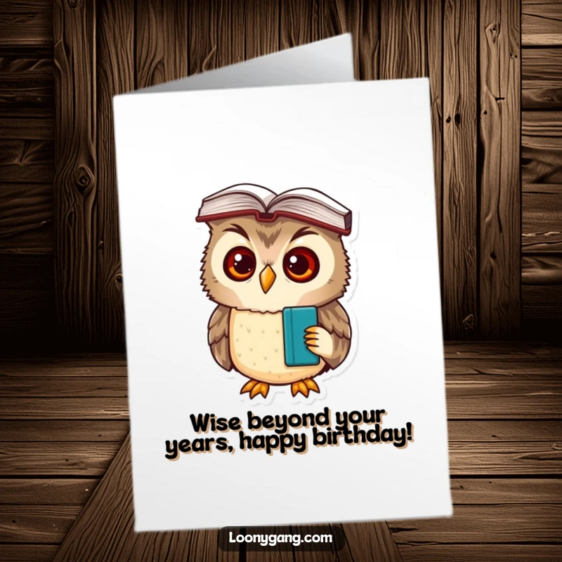 Funny free printable birthday card featuring a bewildered owl cub with a large book balanced precariously on its head.