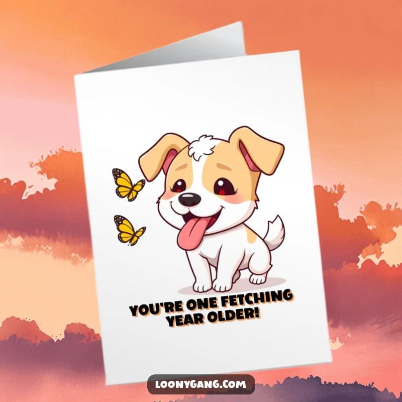 Funny Free Printable Happy Birthday card featuring a goofy dog with its tongue hanging out joyfully chasing a butterfly.