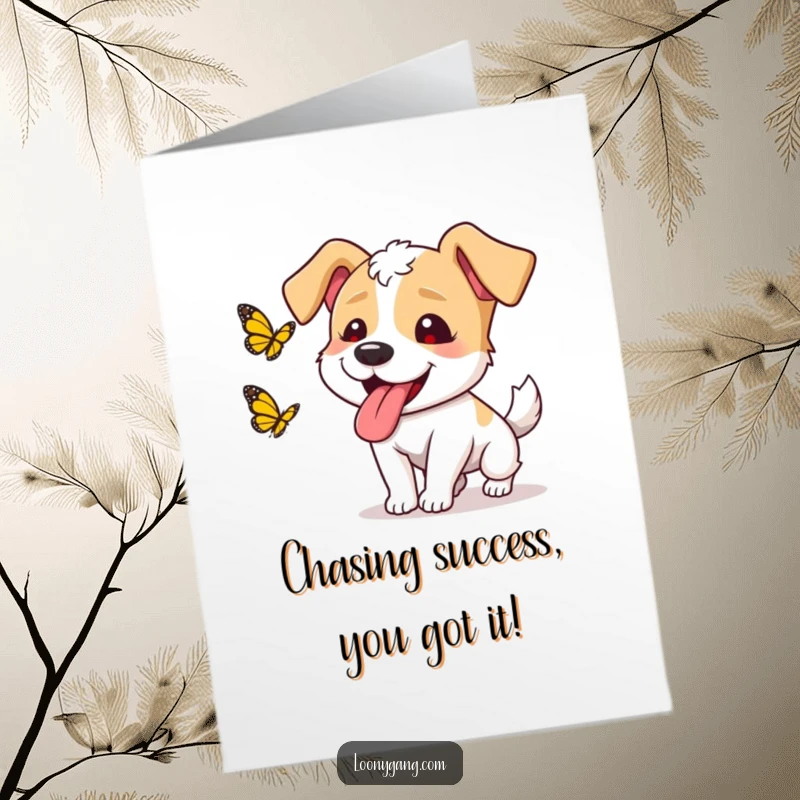Funny Free Printable Congratulations card showing a happy, goofy dog with its tongue out chasing a butterfly with glee.