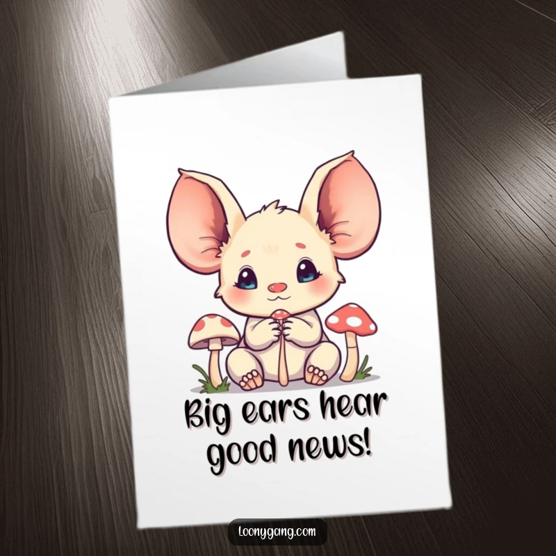 Funny Free Printable Congratulations Card: An oversized-eared creature focuses on a tiny mushroom.