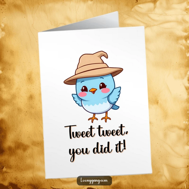 Funny free printable congratulations card with a blue bird sporting a large, crooked hat, celebrating achievements. A downloadable salute!
