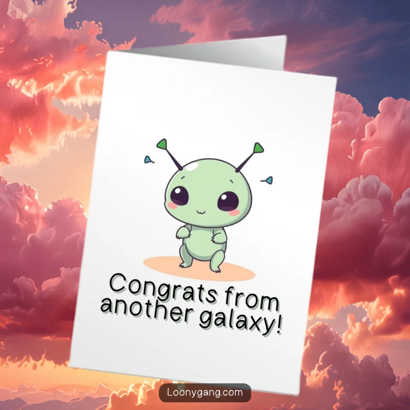 Funny Free Printable Congratulations Card: A small round alien creature spins its antennae wildly, conveying congrats.