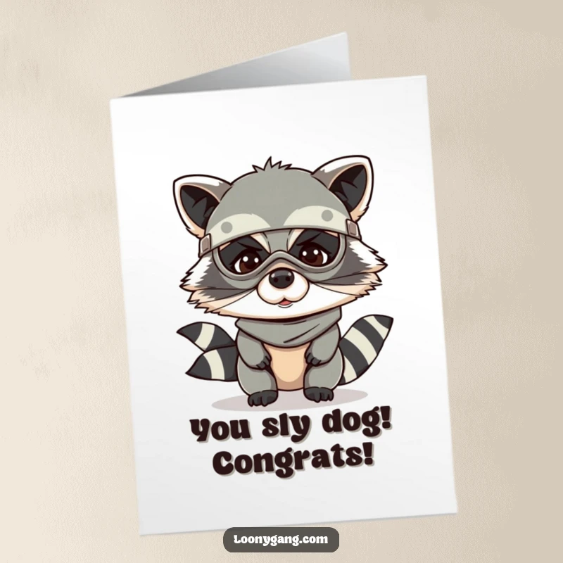 Funny Free Printable Congratulations Card: A giggling raccoon in a bandit mask, celebrating success with a touch of lovable, mischievous energy.