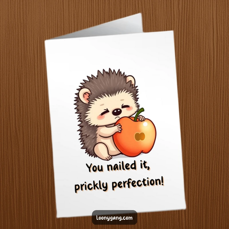 Funny Free Printable Congratulations Card: Bewildered hedgehog cub finally balancing an apple, looking surprised. A downloadable art piece.