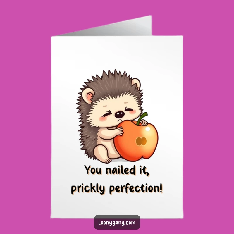 Free Printable Congrats Card: Bewildered Hedgehog Apple Balance Success Downloadable!