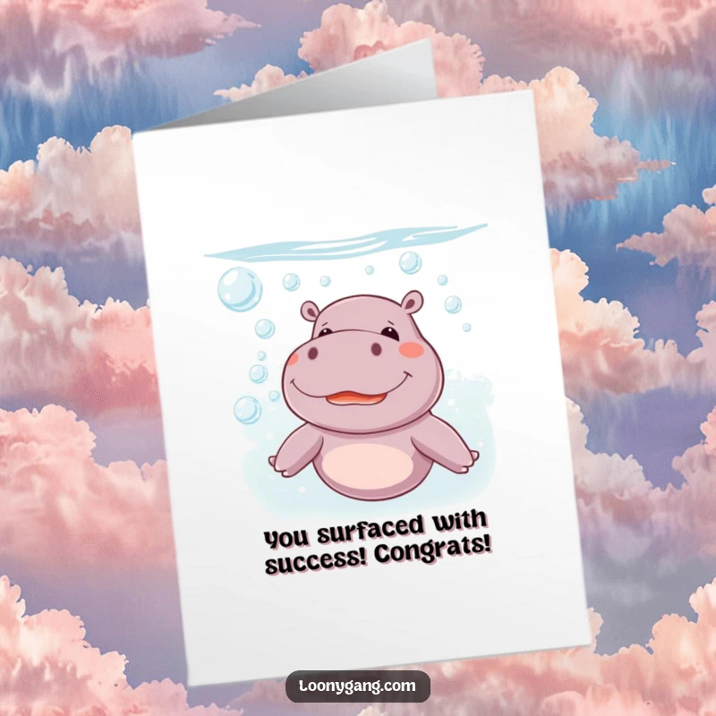 Funny Free Printable Congratulations Card: Giggling Hippo underwater blowing a stream of celebratory bubbles.