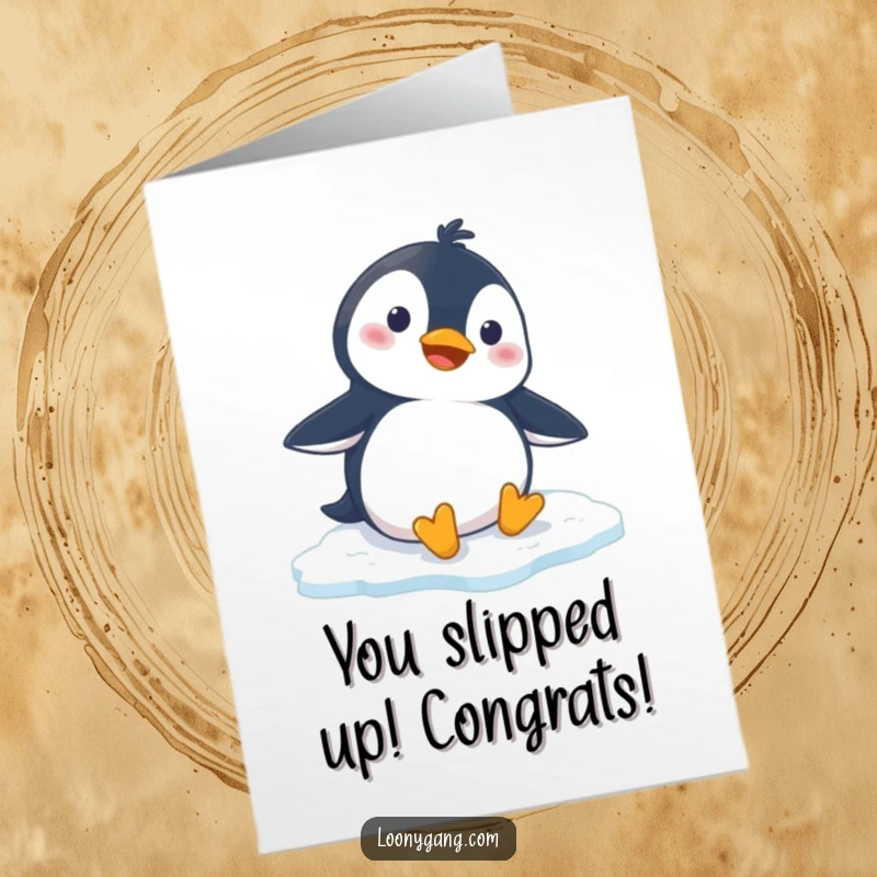 Funny Free Printable Congratulations Card: Penguin comically tumbling on ice, a perfect representation of life's unexpected turns.