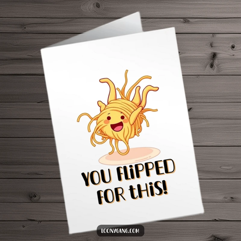 Funny Free Printable Congrats Card: A grinning spaghetti noodle character performs a clumsy somersault to celebrate an achievement.