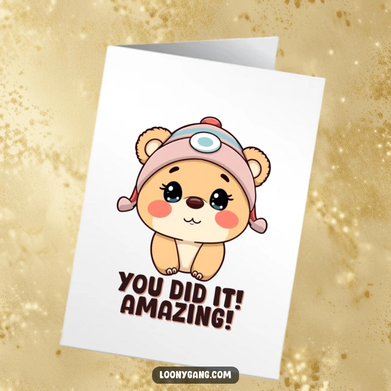 Funny Free Printable Congratulations Card showing a bewildered bear cub in a propeller beanie, celebrating success.