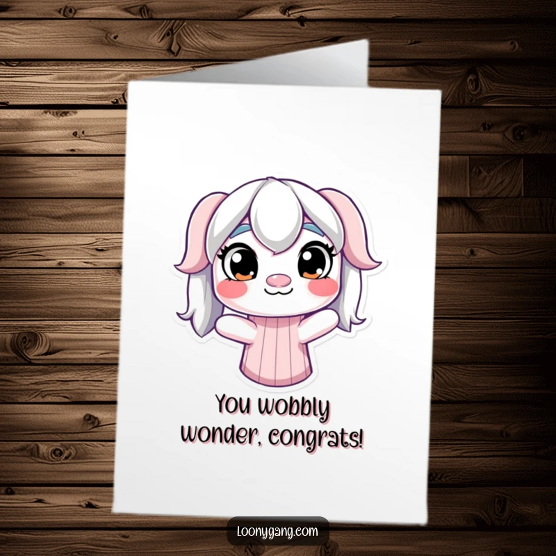Free Printable Congratulations Card: a derpy sock puppet with mismatched eyes wiggling with joy.