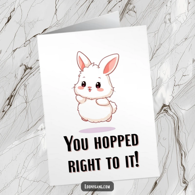 Funny Free Printable Congratulations Card: A fluffy white bunny hops with an exaggerated wiggle, celebrating achievements.