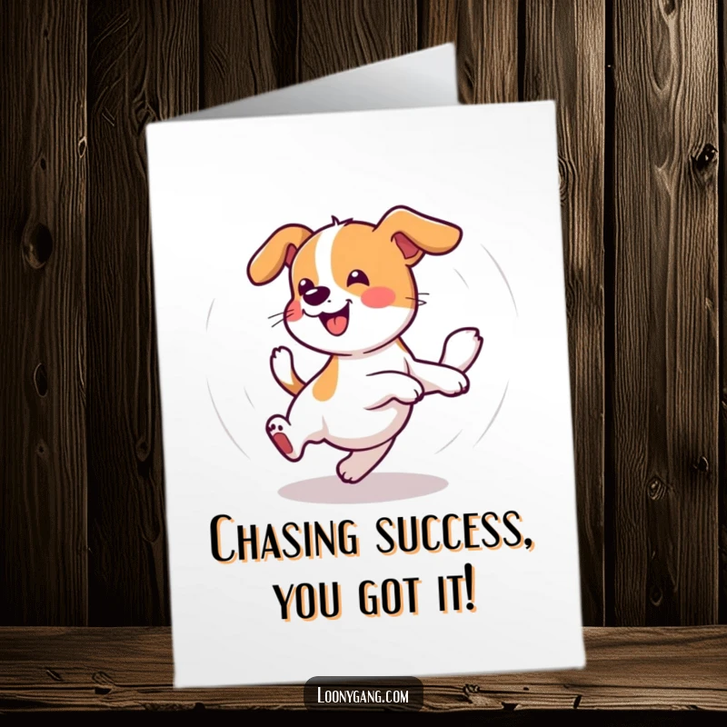 Funny Free Printable Congratulations Card: A wobbly dog is depicted chasing its own tail in a comical dizzy circle.