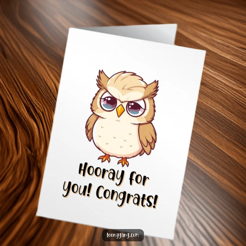 Funny Free Printable Congratulations Card of a clumsy owl looking hilariously flustered with a giant feather.