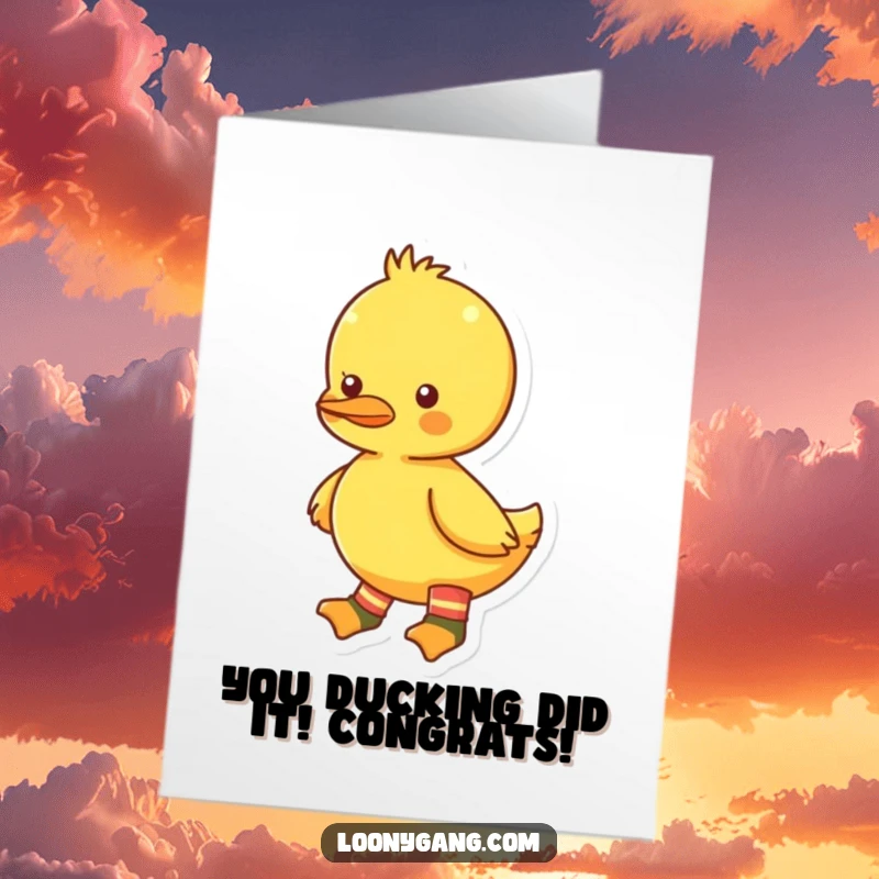 Funny Free Printable Congratulations Card showing a bright yellow duckling sporting mismatched socks, celebrating a win.
