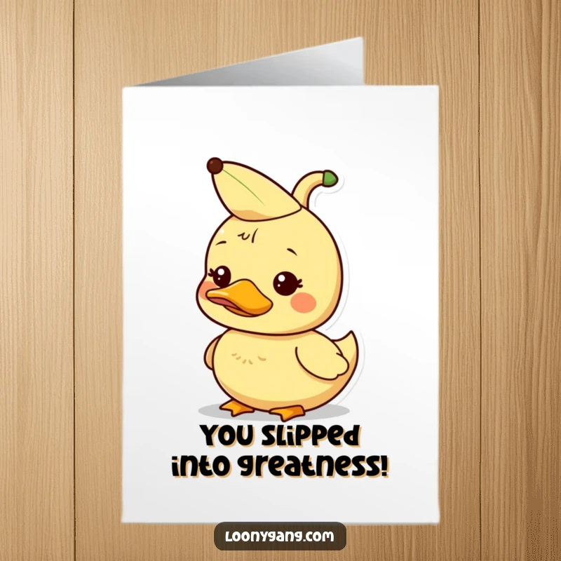 Funny Free Printable Duckling Congratulations Card: Dorky duckling with a banana peel hat, celebrating.