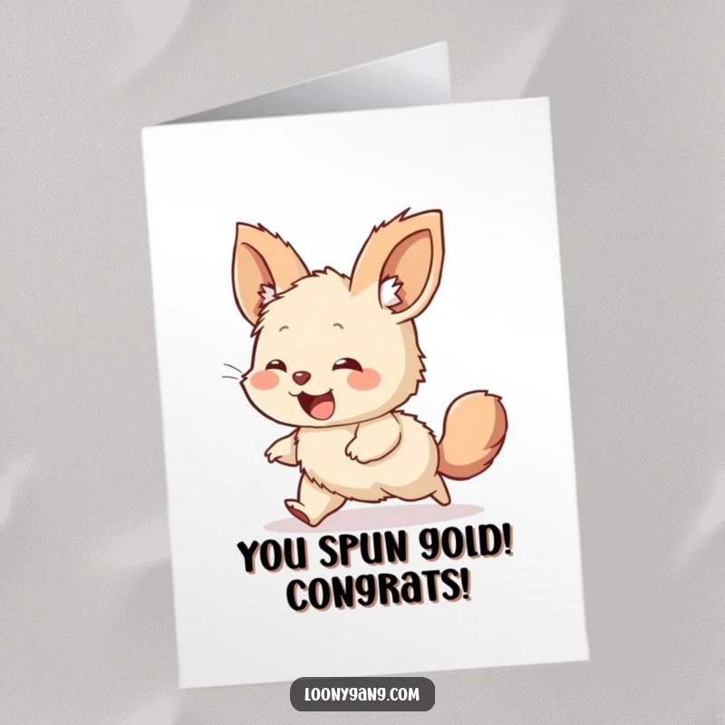 Funny Free Printable congratulations card of a giggling, furry creature with big ears spinning wildly chasing its tail.