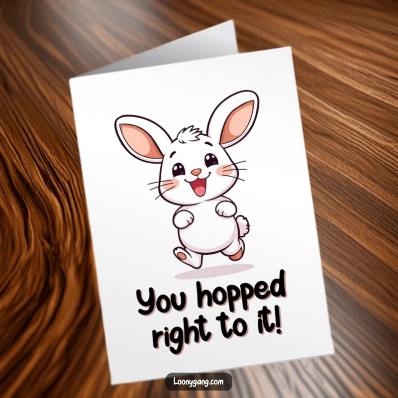Funny Free Printable Congratulations Card: A smiling bunny with large ears joyfully hopping to celebrate.