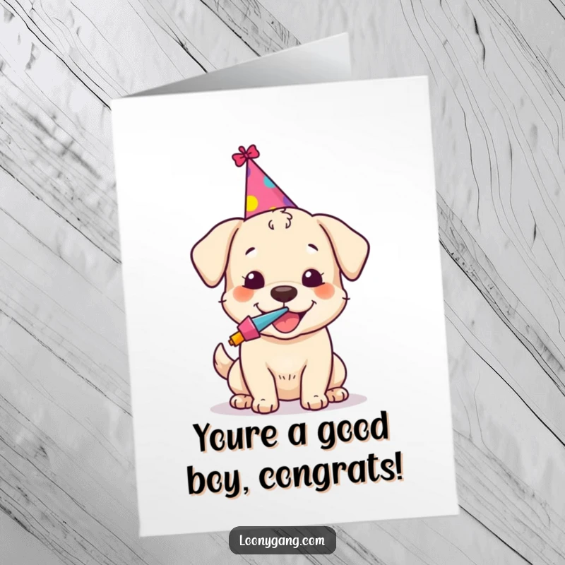 Funny Free Printable Congratulations Card: A dog wearing a party hat blows a noisemaker with glee.