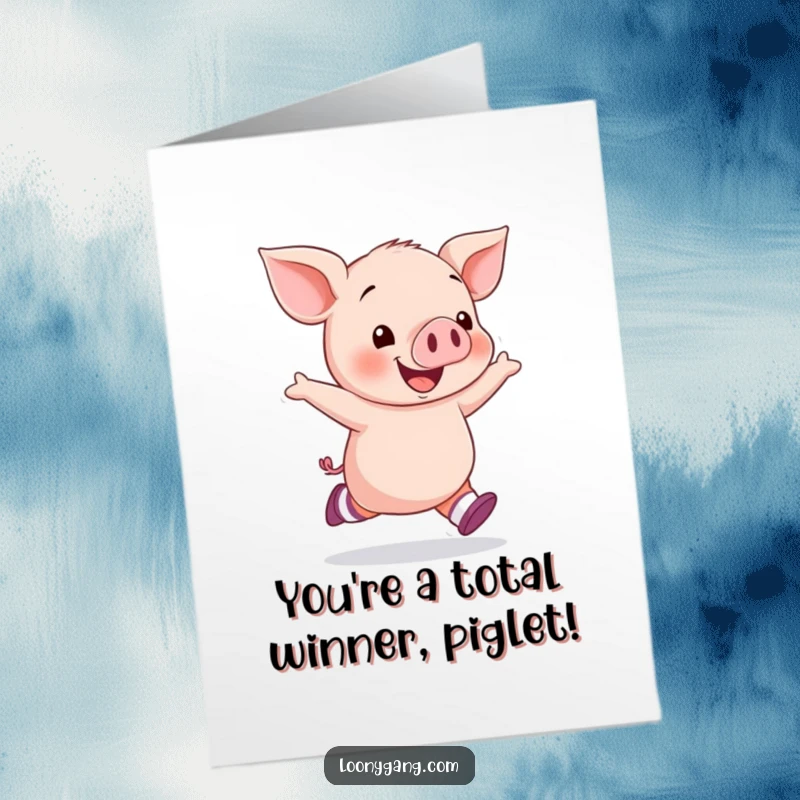 Funny Free Printable Congratulations card showing a happy piglet wearing colorful mismatched socks and skipping with glee.