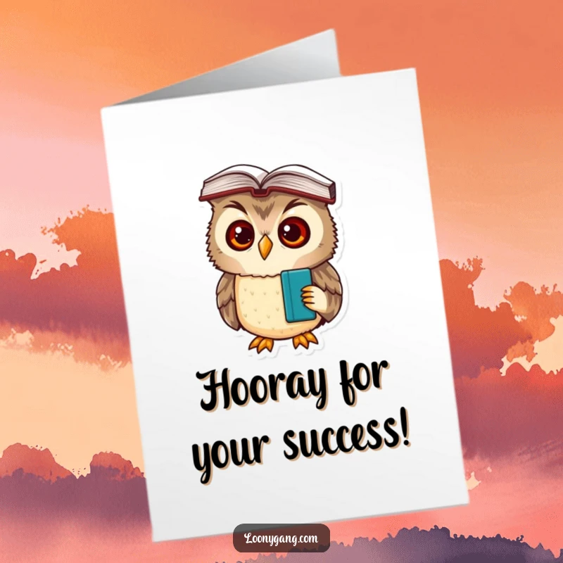 Funny free printable congratulations card: a bewildered owl cub with a book on its head, exuding scholarly confusion.