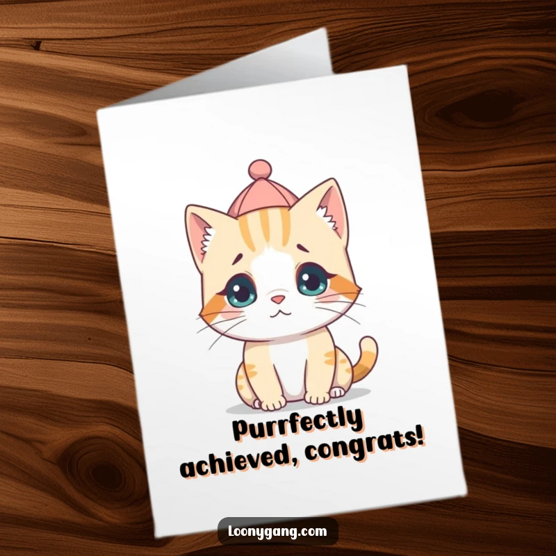 Funny free printable congratulations card: a cat cub sporting a tiny hat backwards, looking utterly perplexed, a hilarious choice.