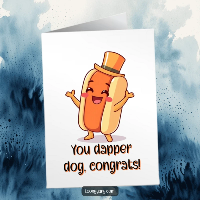 Free Printable Congratulations Card: a grinning hot dog sporting a tiny top hat, celebrating with a jig.