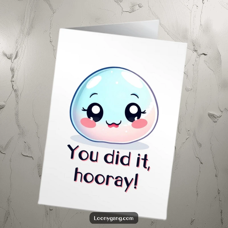 Funny Free Printable Congratulations Card: A jelly blob with big eyes wobbling uncontrollably in celebration of an achievement.