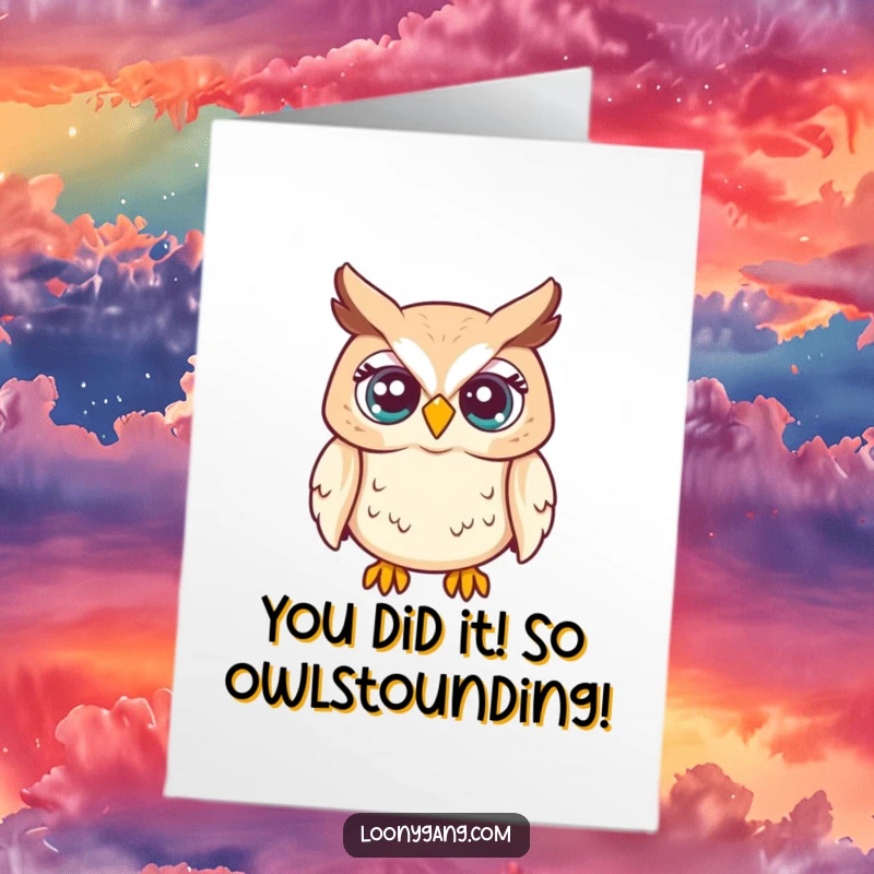 Funny free printable congratulations card showcasing a startled owl with wide, popping eyes, reacting to amazing news.