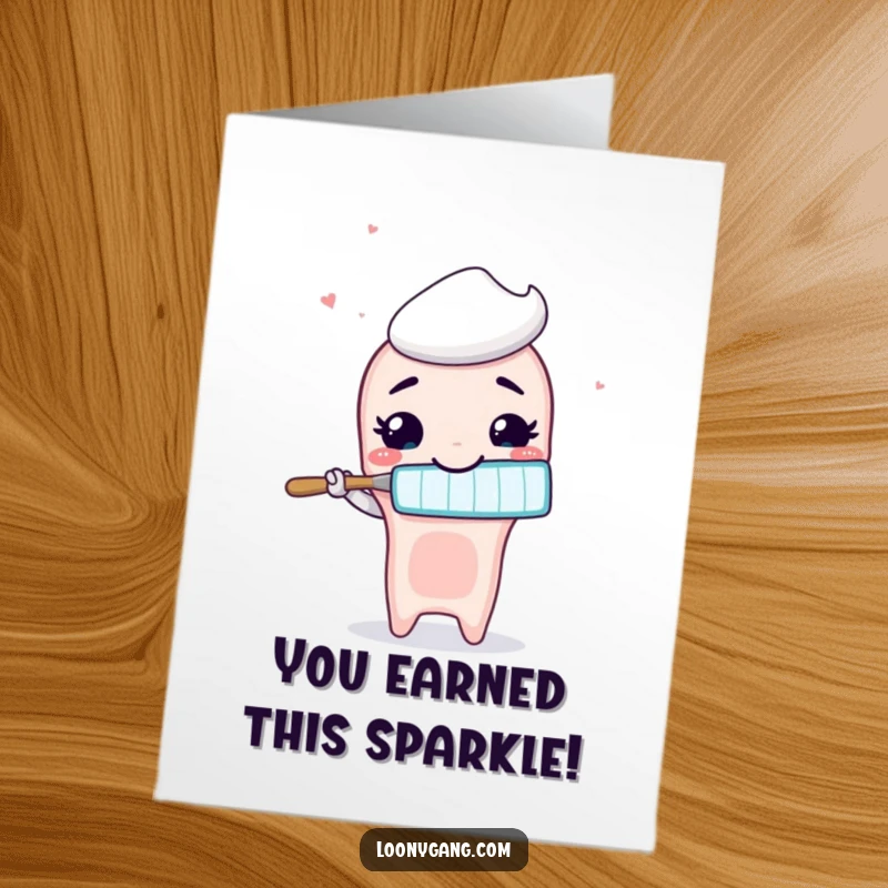 Funny Free Printable Congratulations Card: Animated toothbrush with a wide silly smile brushing air, celebrating success.