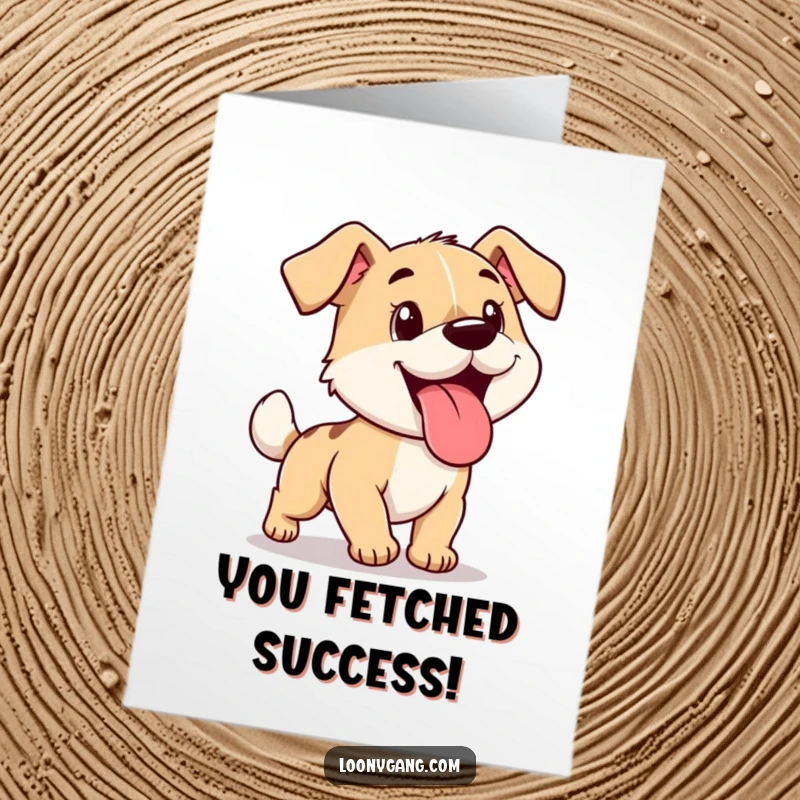 Funny Free Printable congratulations card of a cartoon dog with its tongue hanging out, chasing its tail in excitement, a fun download.