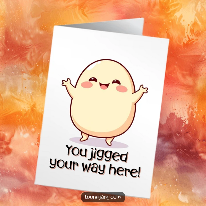 Funny Free Printable Congrats Card: Wobbly blob character doing a hilarious jig to celebrate a special achievement with pure glee.