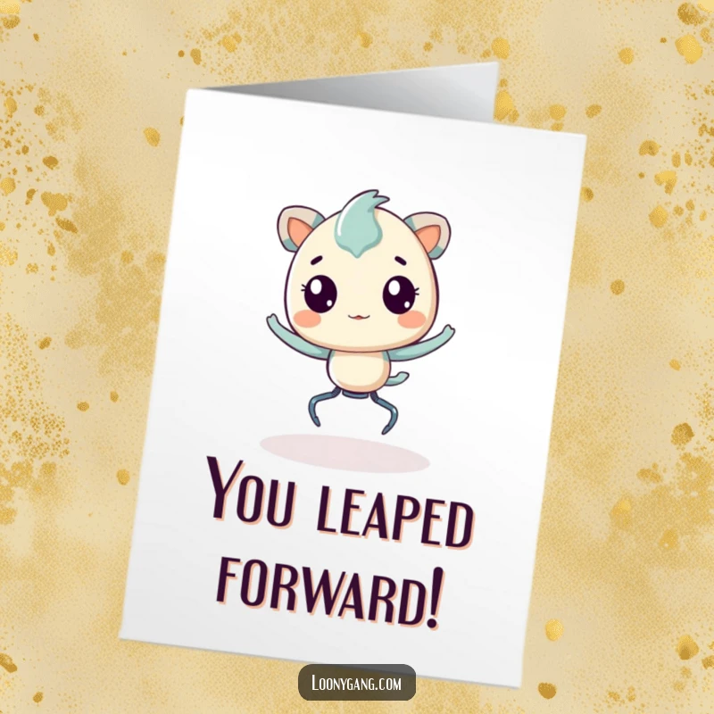 Funny Free Printable Congratulations Card: Bouncing creature with springy legs celebrating achievements with boundless energy.