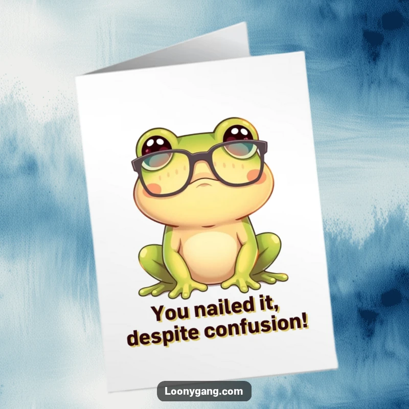 Funny Free Printable Congratulations Card: A frog peers through giant glasses with a look of total bewilderment.